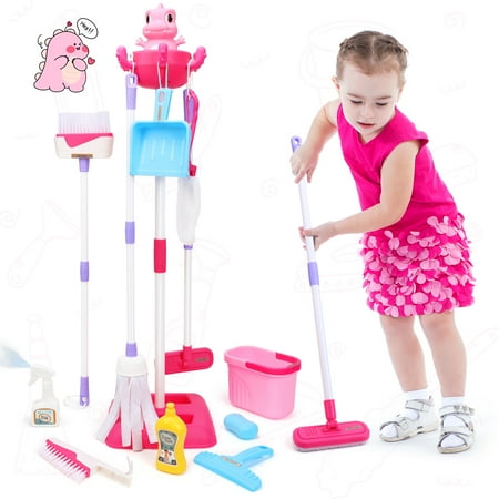 JoyStone 12 Pcs Dinosaur Kids Cleaning Set, Pretend Play Kit Toddler Role Play Toys Kids Broom and Mop Set for Girls Boys Age 3+, Christmas Birthday Gift for Girls Boys, Pink