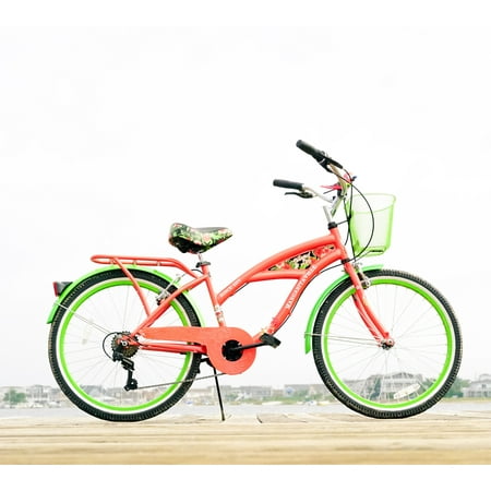 Margaritaville 24" Island Life Multi Speed Girl's Bike, Coral/Green