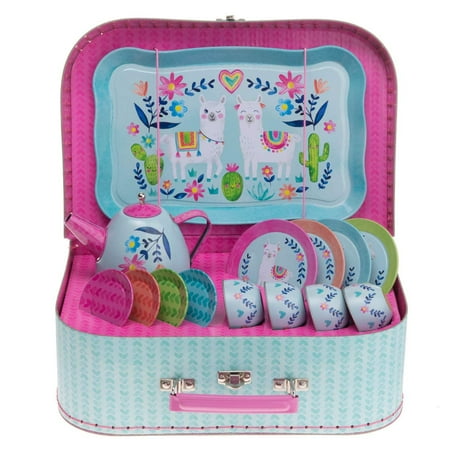 15 Piece Girls Pretend Toy Tin Tea Set Carrying Case Ballea