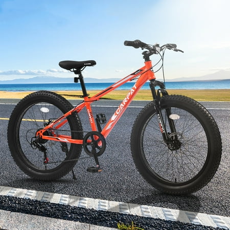 24 inch Fat Tire Bike, Shimano 7-Speed, Dual-Disc Brakes, Orange Trail Mountain Bike for Adult/Youth