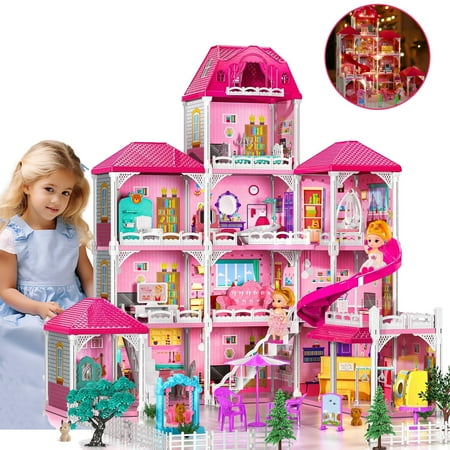 JoyStone Dollhouse with Lights, 4-Story 12 Rooms Huge Doll House with 4 Dolls Toy Figures, Fully Furnished Pretend Playhouse Gifts for Girls Ages 3+, Pink