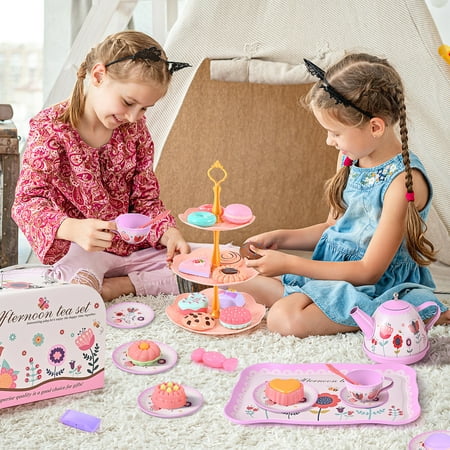 45PCS Tea Party Set, Gift for Girls Princess Tea Party Set Kitchen Pretend Toys with Tin Teapot, Cups, Plates and Carrying Case. Cake, Food for 3+Girls