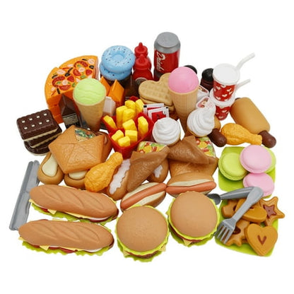 63PCS Play Food Pretend Play Fast Food Kitchen Toys Set Cutting Pizza Hamburger Ice Cream Playset for Toddler Kid Child Boys Girls Toys