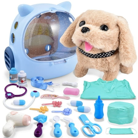 25-Piece Kids Dog Toy Doctor Kit, Interactive Plush Walking Bark Vet Pretend Play Set with Pet Care Backpack - Ideal Gift for 3-7-Year-Old Girls and Boys