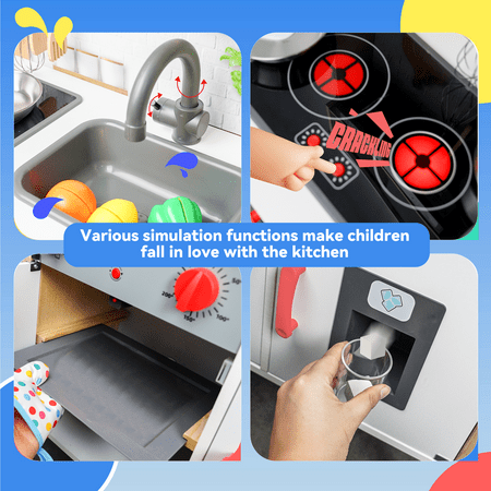 YCFUN Wooden Play Kitchen, Pretend Play Wooden Toy Set for Childs Kids Toddlers with Realistic Lights and Sounds