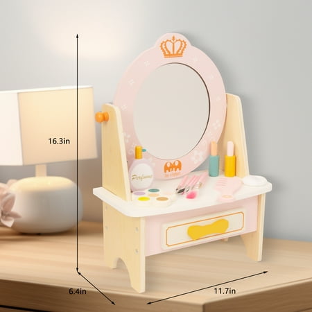 WoodenEdu Wooden Vanity Set for Kids, Pretend Play Toddler Makeup Vanity Table Toys with 360° Rotatable Mirror, Beauty Salon Set Includes Makeup Accessories, Little Girls Gift Age 3+