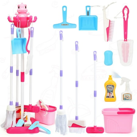 JoyStone 12 Pcs Dinosaur Kids Cleaning Set, Pretend Play Kit Toddler Role Play Toys Kids Broom and Mop Set for Girls Boys Age 3+, Christmas Birthday Gift for Girls Boys, Pink