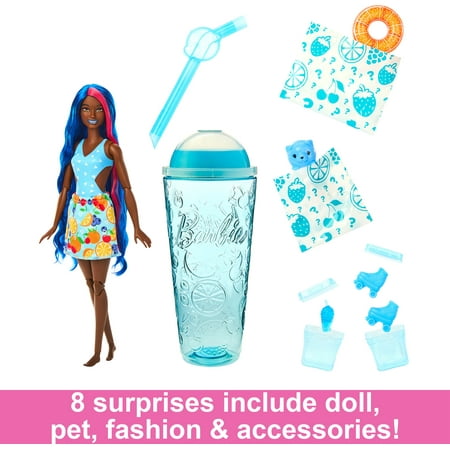 Barbie Pop Reveal Fruit Series Fruit Punch Doll, 8 Surprises Include Pet, Slime, Scent & Color Change