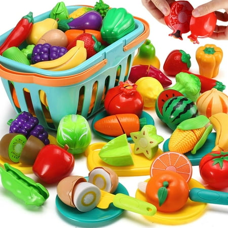 70 PCS Cutting Play Food Toy for Kids Kitchen, Pretend Fruit &Vegetables Accessories with Shopping Storage Basket, Plastic Mini Dishes and Knife, Educational Toy for Toddler Children Birthda