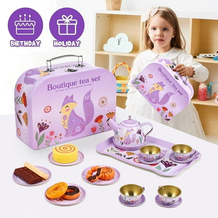 Anpro 31pcs Tea Set Toy for Little Girls, Princess Tea Time Toys Set Pretend Play Tea Set with Teapot Dishes Dessert Food & Carrying Case for Kids Girls Parties Role-Playing Games Christmas Gifts