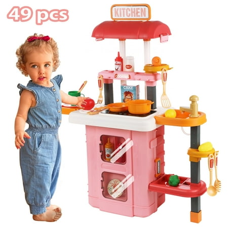 Anpro 28Inch Play Kitchen Set for Kids, 49PCS Pretend Play Kitchen with Sounds & Lights, Toy Kitchen Cooking Set, Best Gifts for Toddlers Age 3+, Pink