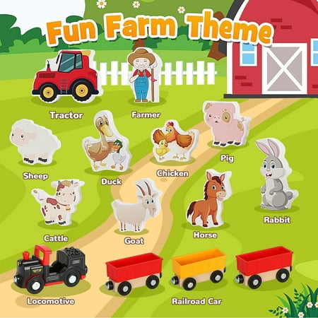 Farm Animals Toys, Take-Along Sorting Barn Toy with Wooden Train, Montessori Toys for 1 2 3 Year Old Boys and Girls, Christmas Birthday Gifts for Toddlers 1-3