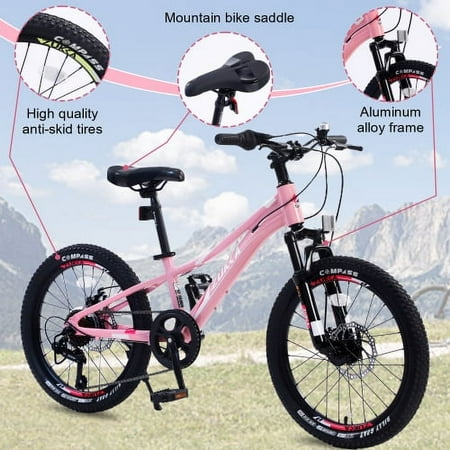 Zukka 20 inch Girls Mountain Bike 7 Speed Aluminum Alloy Frame Bicycle for Kids Girls in Pink