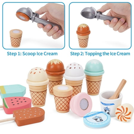 Wooden Ice Cream Counter Playset for Kids, Toddler Girl Toys Kitchen Playset Pretend Play Gifts for 3 4 5 6 Year Old Girl or Boy, Play Food Scoop and Serve, Play Kitchen Sets for Kids Ages 4-8