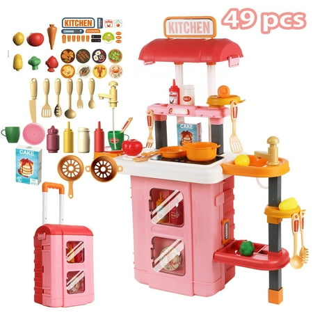 Anpro 28Inch Play Kitchen Set for Kids, 49PCS Pretend Play Kitchen with Sounds & Lights, Toy Kitchen Cooking Set, Best Gifts for Toddlers Age 3+, Pink