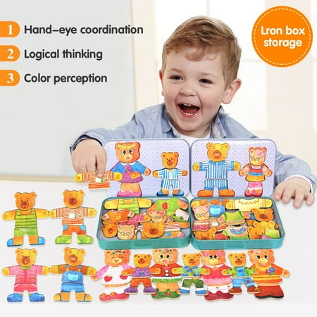 SHELLTON 36Pcs Magnetic Wooden Jigsaw, Bear Family Dress-Up Jigsaw Puzzles, Bear Change Clothes Games Toy for 3-6 Years Old Boys and Girls (Papa bear)