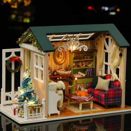 Arealer DIY Christmas Miniature Dollhouse Kit Realistic 3D Wooden House Room Craft with Furniture 's Day Birthday Gift Christmas Decoration