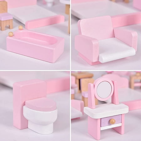 Fun Little Toys 22Pcs Pretend Life Dollhouse with Furniture,Wooden Doll House Furniture,Pink Wooden Toys, Stocking Stuffers for Kids,Birthday,Xmas Gift for Girls