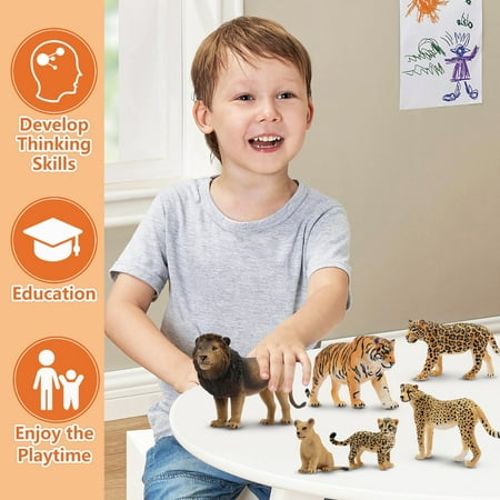 Toymany 8PCS 2-5" Plastic Jungle Animals Figure Playset Includes Baby Animals, Realistic Lion, Tiger, Cheetah, Leopard Figurines with Cub, Cake Toppers Christmas Birthday Toy Gift for Kids Toddlers