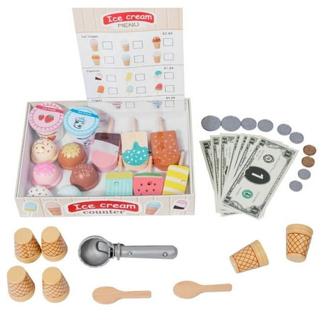 Wooden Scoop and Serve Ice Cream Counter (40 pcs) - Play Food and Accessories - Pretend Food Toys, Ice Cream Shop Toys For Kids Ages 3+