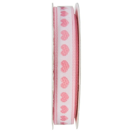 Offray Ribbon, Pink 3/8 inch Hearts Woven Ribbon, 9 feet