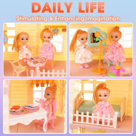 Anpro Huge Dollhouse for Girls, 3-Stories 7 Room Dollhouse Playset with Lights, 28.7"H Princess Doll House with Furniture & Asseccories, Best Gift for Age 3+ Girls, ABS Plastic, Pink