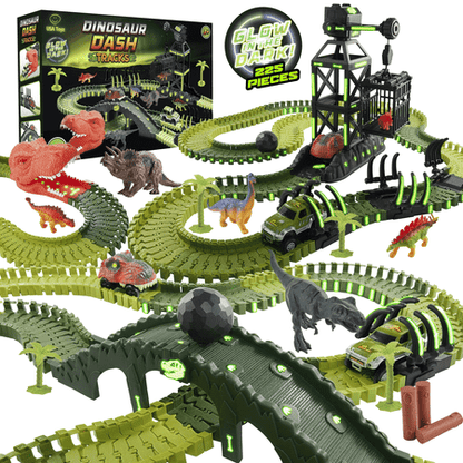 USA Toyz Dinosaur Dash Track STEM Set Toy, 6 Dinosaurs, LED Dino Car, 225 Piece Tracks for Kids Ages 3+