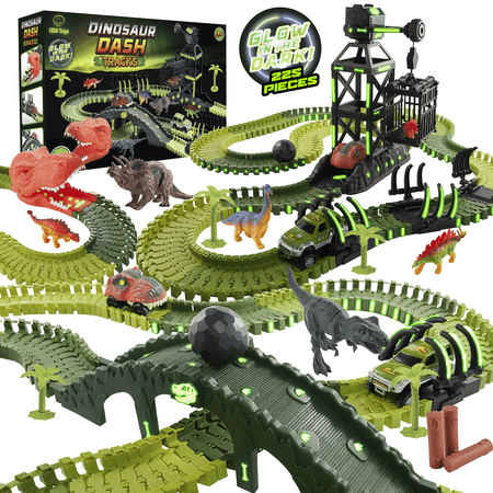 USA Toyz Dinosaur Dash Track STEM Set Toy, 6 Dinosaurs, LED Dino Car, 225 Piece Tracks for Kids Ages 3+