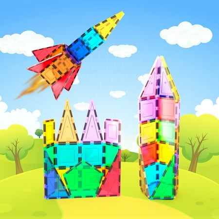 PicassoTiles 32 PC Rocket Themed, Magnetic Tiles, Magnetic Building Blocks for Kids, Magnet for Kids 3+