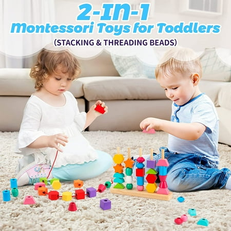 Wooden Beads Sequencing Play Set for Kids, Montessori Lacing Beads & Stacking Blocks & Matching Shapes Colors Toys, Best Preschool Learning Toys for Toddler 2 3 4 5 Year Old Boys Girls