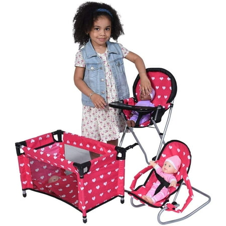 The New York Doll Collection High Chair, Bouncer and Pack N Play Doll Accessories, 3 Pieces