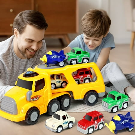 Trucks Toys for Boys 3-6 Year Old Boys, 5-in-1 Friction Power Toy Vehicle in Carrier Truck, Toddler Toys Car Toys plane for Boys for Kids Aged 3+