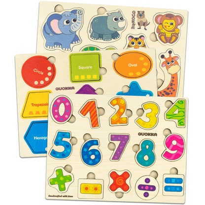 Quokka Wooden Toys for 1 2 3 - Toddler Puzzles Pack for Babies - Educational Games for Learning Numbers, Shape, Animals