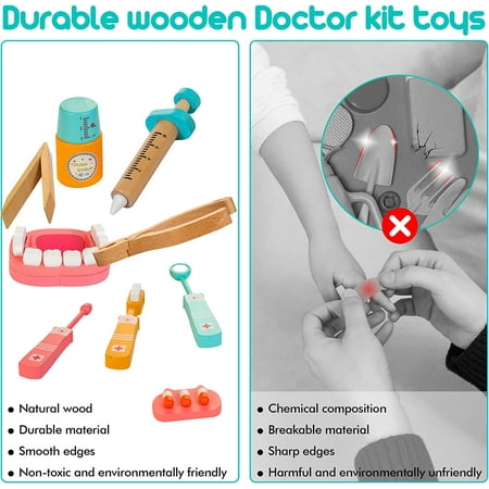 Wooden Doctor Kit for Kids, 39 Pieces Pretend Play Dentist Medical Kit with Stethoscope, Montessori Doctor Set Toy for Toddler Boys Girls Ages 3 4 5 6 7 8