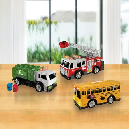 Adventure Force Light & Sound Mini City Service Vehicles, 3 Pack, School Bus, Fire Truck and Recycling Truck