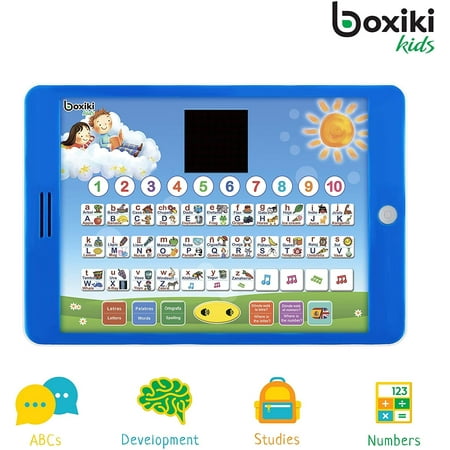 Spanish-English Tablet Bilingual Educational Toy with LCD Screen Display by Boxiki Kids. Touch-and-Teach Pad for Kids Learning S