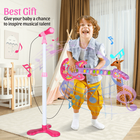 UUGEE Kids Guitar Toys for Girls 3-6 Years, Child Pretend Flash Electric Play Musical Instrument Toy with Mic Stand, Pink