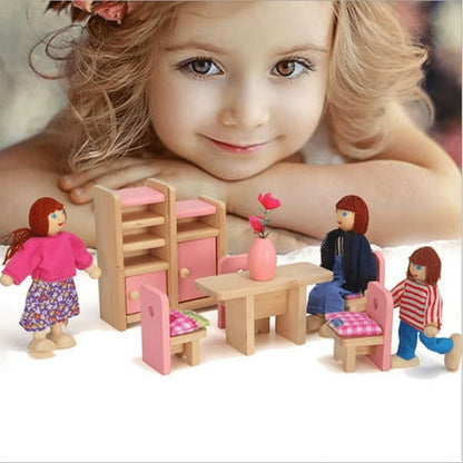 Amerteer Baby Kids Play Pretend Toy Design Wooden Doll Furniture Dollhouse Miniature Toy with 7 Pcs Family Wooden Dolls Children Gifts for Play Houses