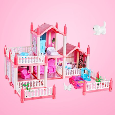 Anpro Pink Dollhouse Pretend Play Set for Kid, Big Villa Princess Castle, 5 Rooms Dollhouse with Doll Toy Figure for Boys and Girls Age 3+ Play House Gift Toys and Christmas Gift