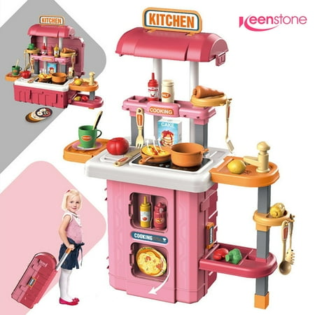 Vecukty Play Kitchen for Kids, 49PCS 3-in-1 Kitchen Playset Accessories with Lights and Sounds, Pretend Play Cooking Set Toy, Gift for Toddlers Little Girls Boys 1 2 3 4 5 6 7 8 9 10 11 - Pink