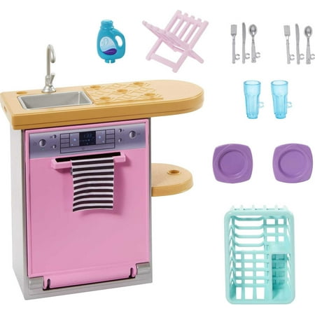 Barbie Indoor Doll House Furniture Set, Dishwasher with Counter & Kitchen Accessories