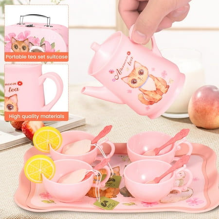 Cat Tea Party Set for Little Girls - 46pcs Pretend Play Toy, Birthday Gift for Toddlers Ages 3 4 5 6 Year Old, Includes Cat Tea Set, Desserts, and Carrying Case, Cat Design