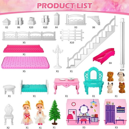 114 Pcs Doll House, DIY Dollhouse Kit Pink Girl Toys, 2 Stories 3 Rooms Educational Toys for Girls Dollhouse Toddler Playhouse Gift(16" x 12" x 4")