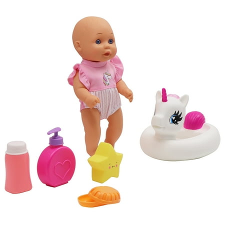 Dream Collection, Water Baby Doll in Unicorn Floater - Accessories for Realistic Pretend Play, Posable Soft Body, Star Toy, Lotion & Soap Case - 12