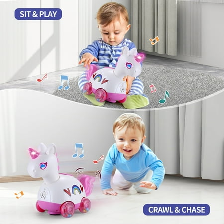 Yerloa Unicorn Musical Crawling Toys for Babies 6-12 Months, Tummy Time Baby Toys with Music and LED Light, Interactive Development Toy, 1 Year Old Gifts for Girls