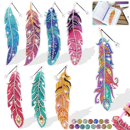 Anofty 8PCS Diamond Art Bookmarks Kit, 5D Diamond Painting Art Craft Kits for Adults and Kids Ages 8-13, Feather DIY Bookmark Christmas Birthday Gift Toys for Girls 8-11 years