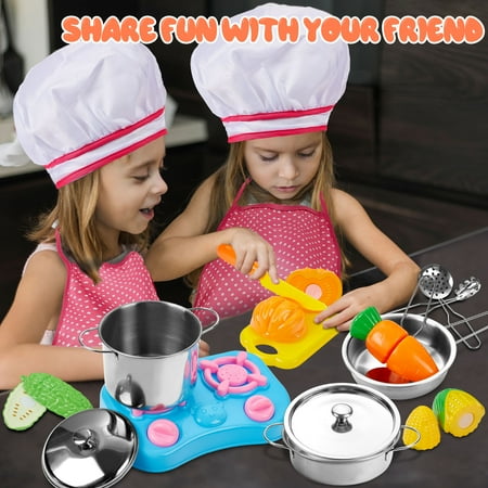 Play Kitchen Accessories, Kids Kitchen Play Pots and Pans Playset with Stainless Steel Pretend Play Cooking Set, Cookware Utensils, Apron, Chef Hat, Cutting Food for Toddlers Boys Girls