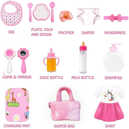 15Pcs Baby Doll Accessories, Baby Doll Feeding and Caring Set, Baby Pretend Play Set Fit 14-16 inch Doll and 18 inch Doll, Toys for Kids Girls 3-6 Years