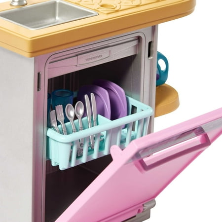 Barbie Indoor Doll House Furniture Set, Dishwasher with Counter & Kitchen Accessories