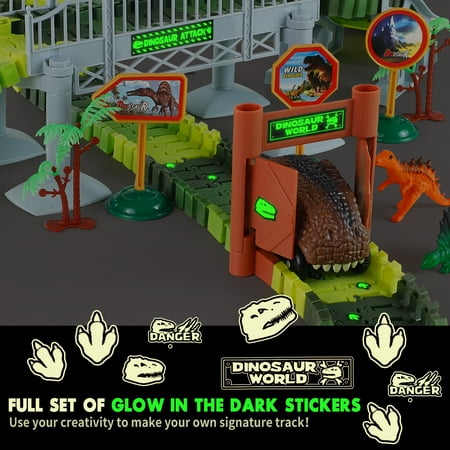 215 PCS Dinosaur Toys Race Car Track with Glow-in-the-Dark Stickers STEM Vehicle Playsets Dinosaur World Road Toys for boys 3-6 Years Best Gift